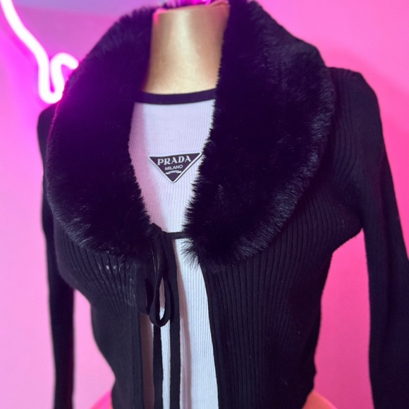 & Other Stories Jackets & Blazers - Black Ribbed Cardigan with Faux Fur Collar
